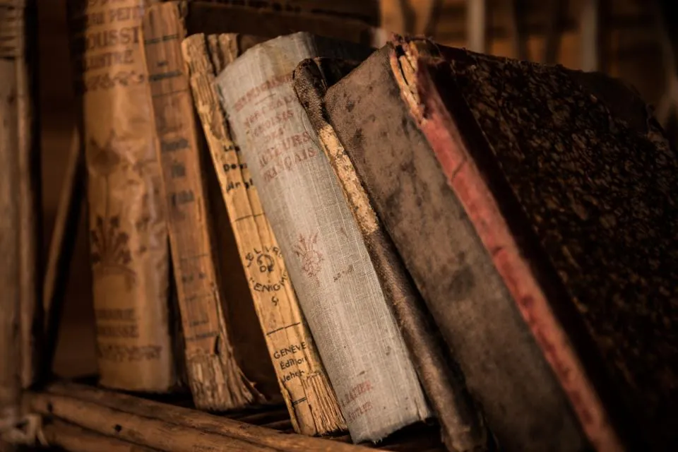 Livros antigos numa estante