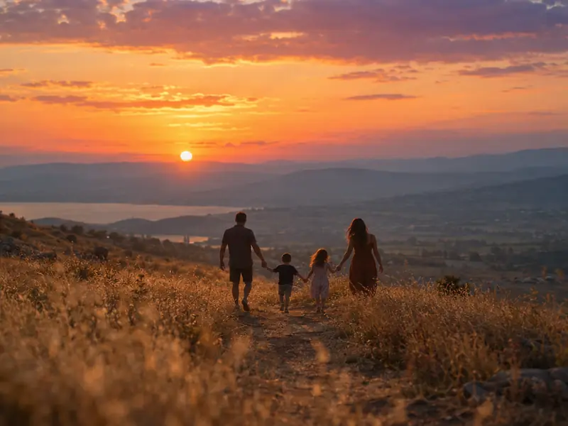 A family walking together at sunset, seen from behind