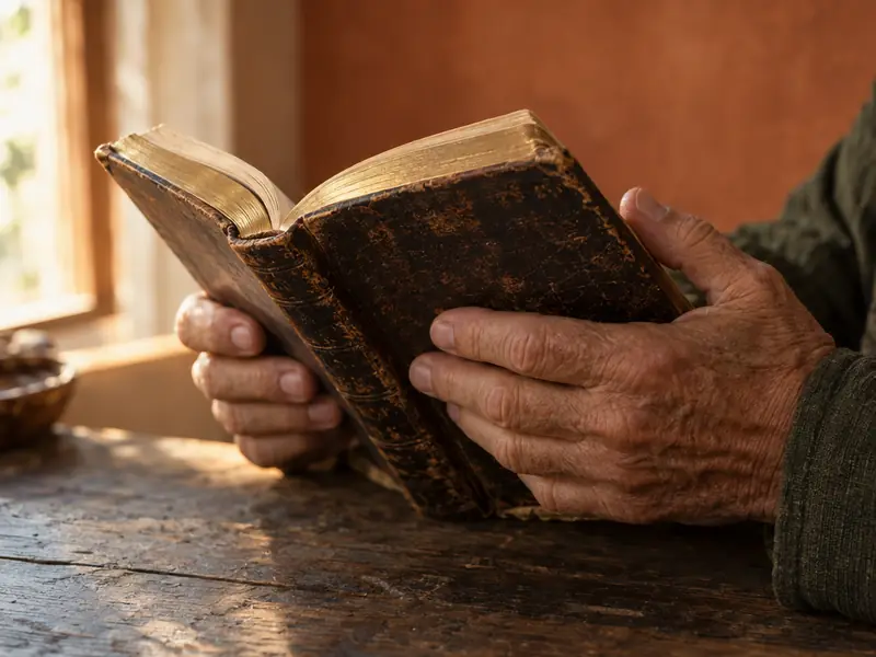 Hands holding an old open book