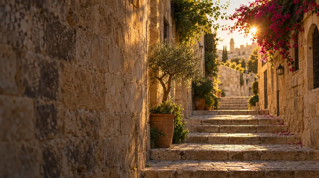A sunlit old stone alley with steps and an olive tree at golden hour